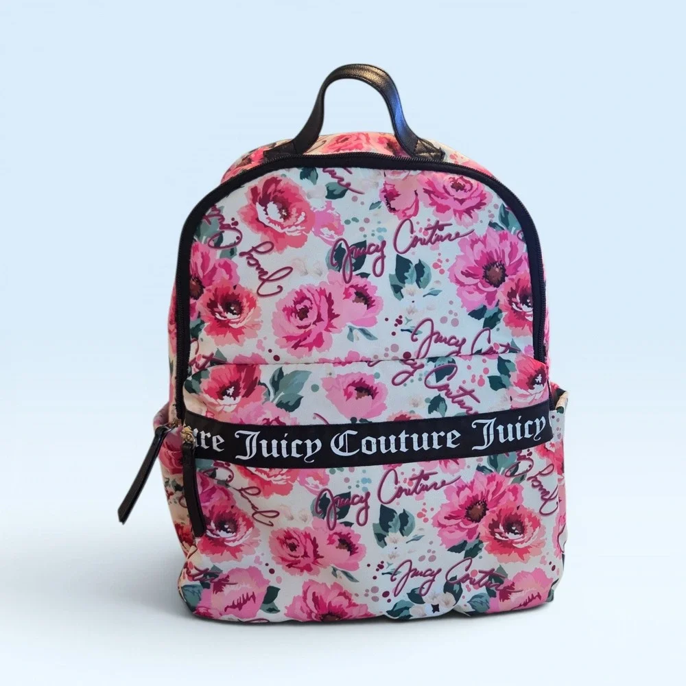 Juicy Couture‎ Floral Print Backpack Pink White Black Logo Tape Trim